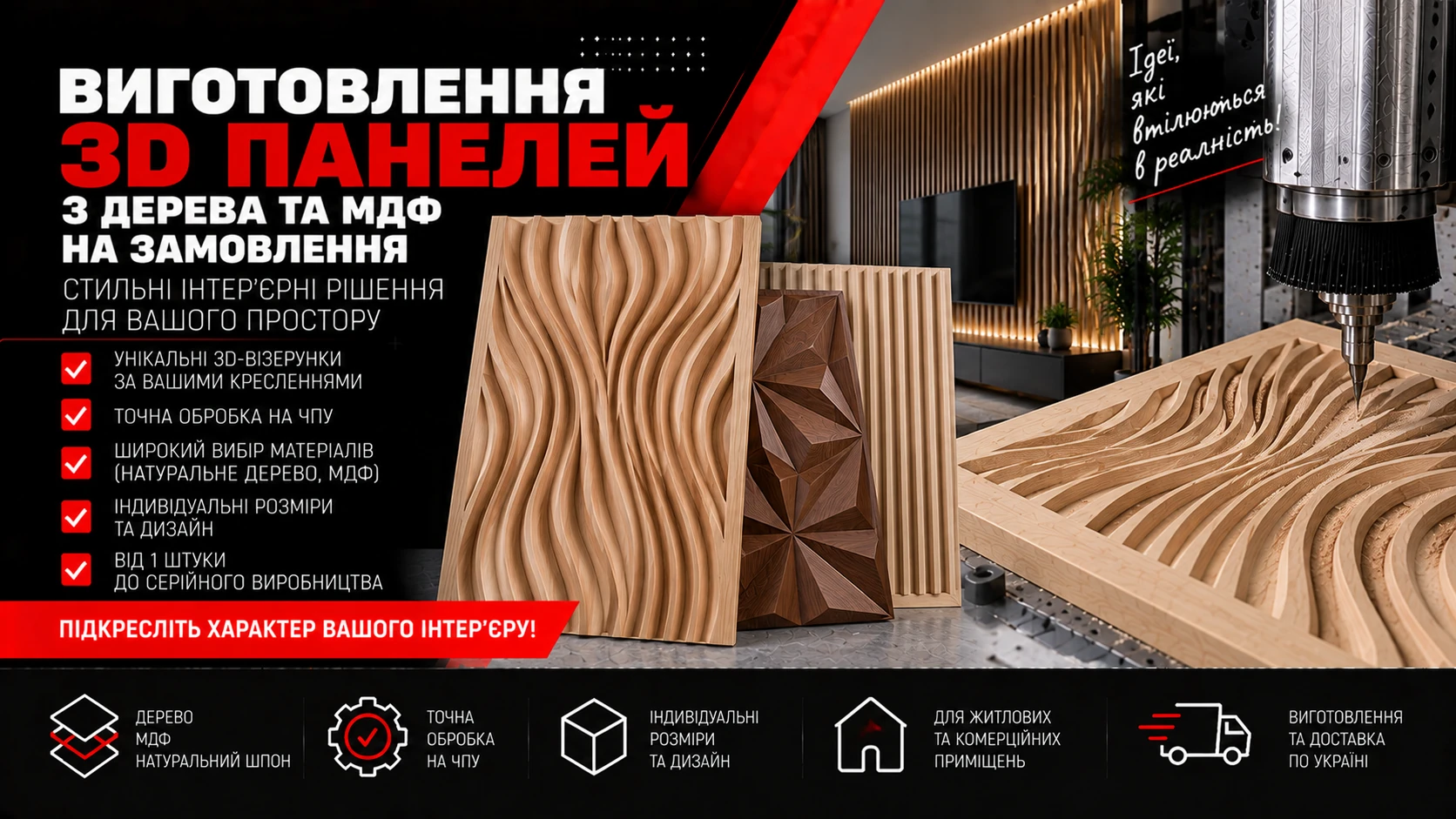 Декоративні 3D-панелі з дерева та МДФ із хвилястим і геометричним рельєфом.