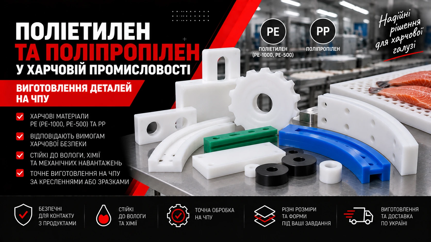 Деталі з поліетилену й поліпропілену для харчового обладнання: напрямні, шестерні та пластини.