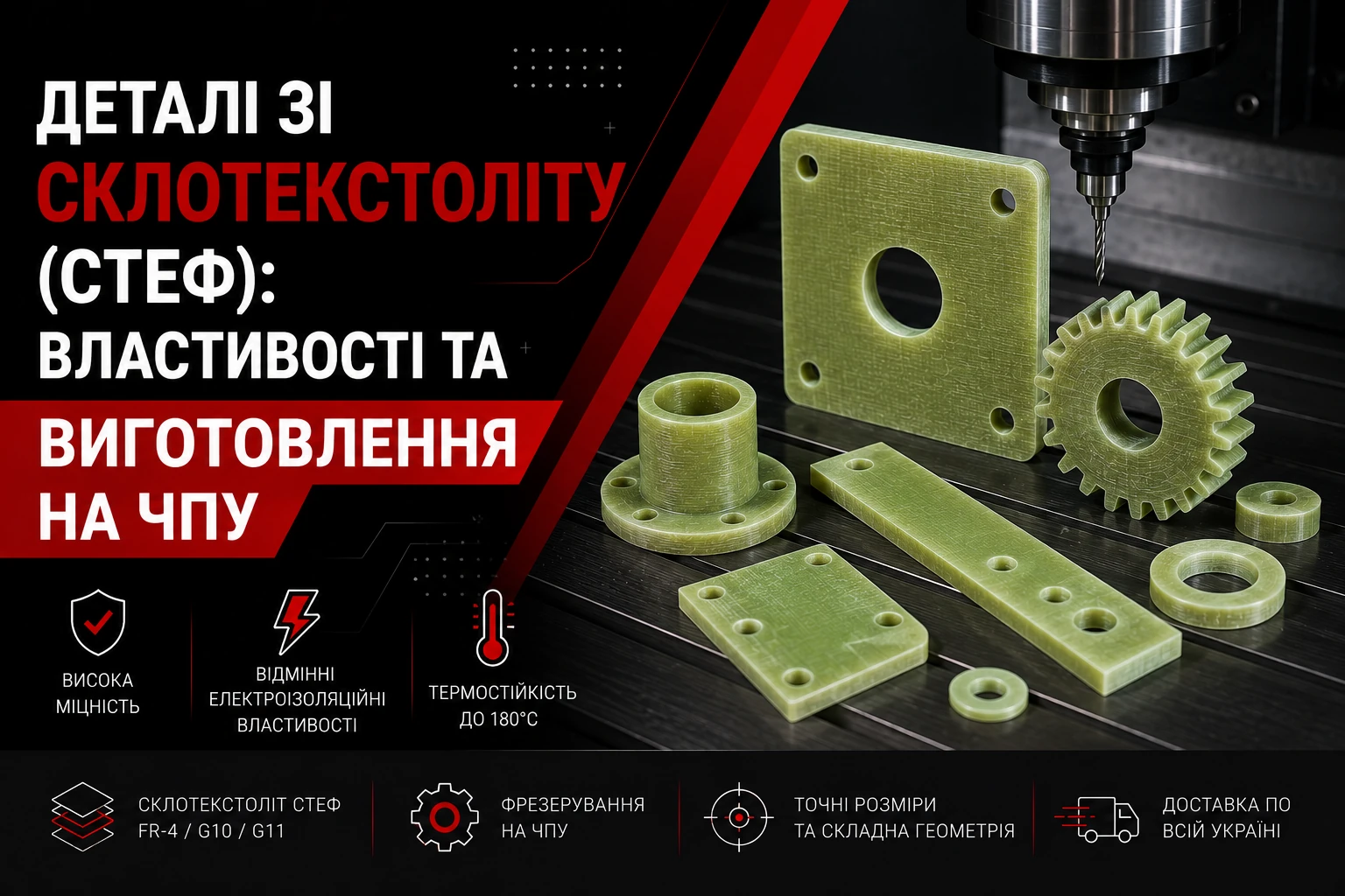 Деталі зі склотекстоліту СТЕФ: зелені пластини, втулки, шайби й зубчасті елементи.