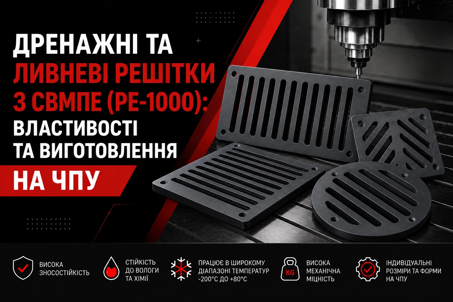 Дренажні та зливні решітки з поліетилену PE-1000 з довгими прорізами різної форми.