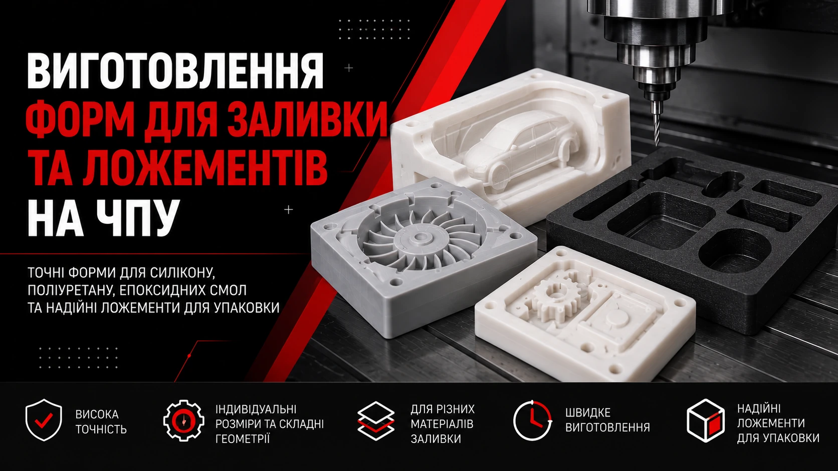 Форми для заливки та ложементи: матриці для об’ємних деталей і пакувальні вставки з комірками.