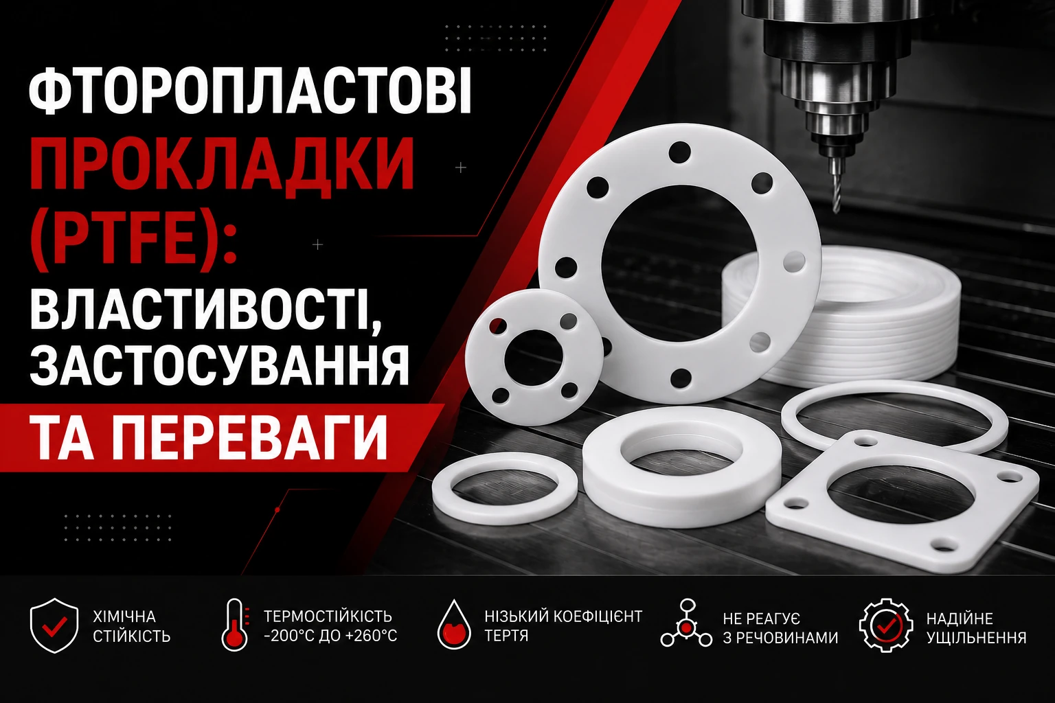 Фторопластові прокладки PTFE: білі кільця, шайби та фланцеві ущільнення з отворами.