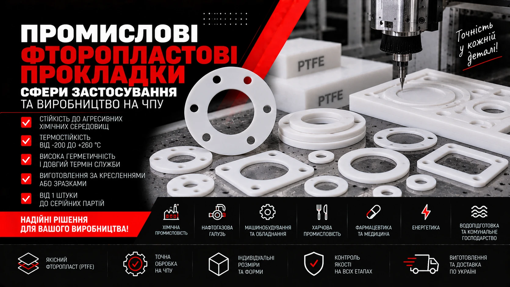 Промислові фторопластові прокладки PTFE: кільця, шайби та фланцеві ущільнення різних розмірів.