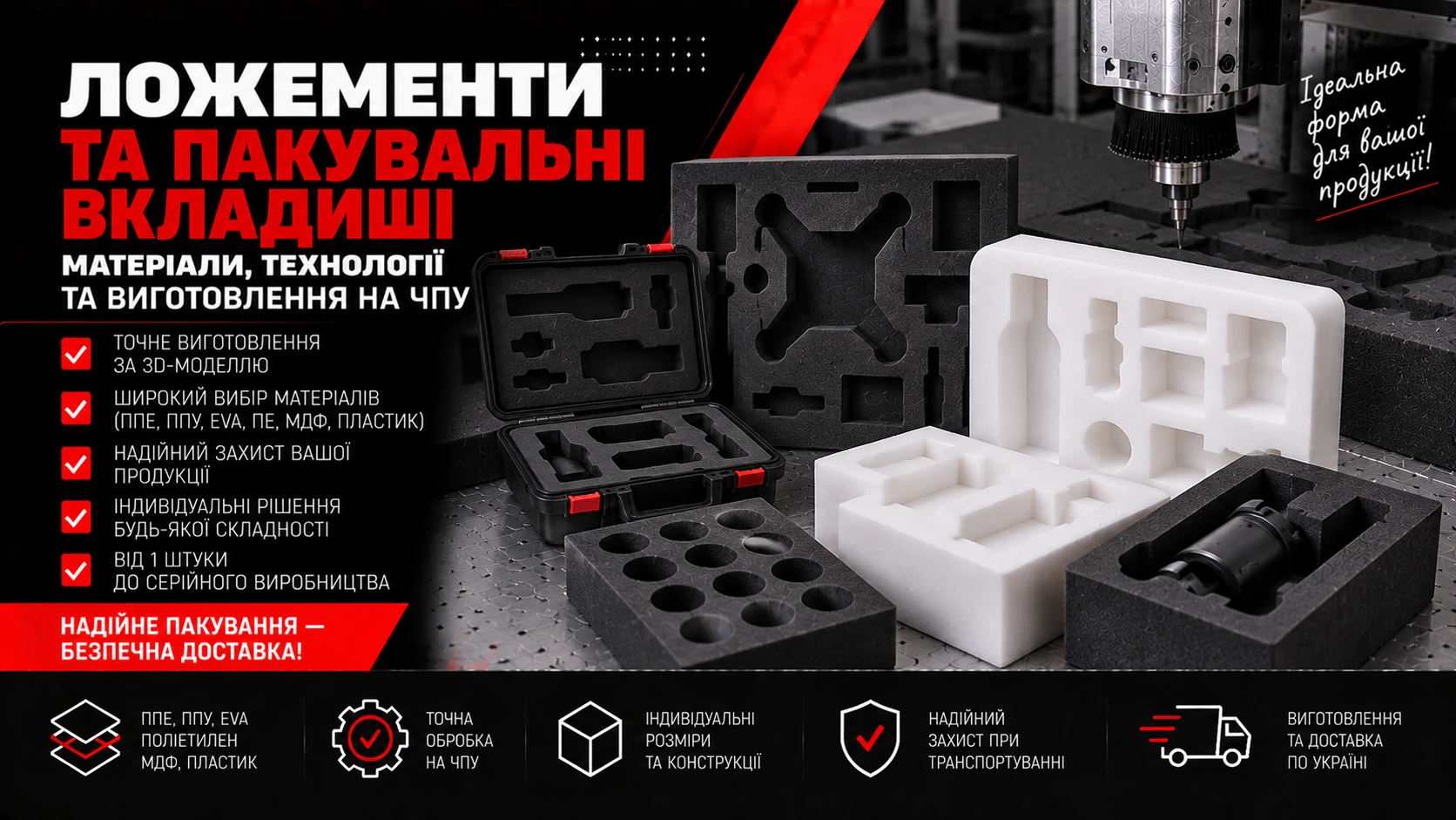 Пакувальні ложементи з чорного й білого матеріалу: комірки для інструментів, виробів і комплектуючих.