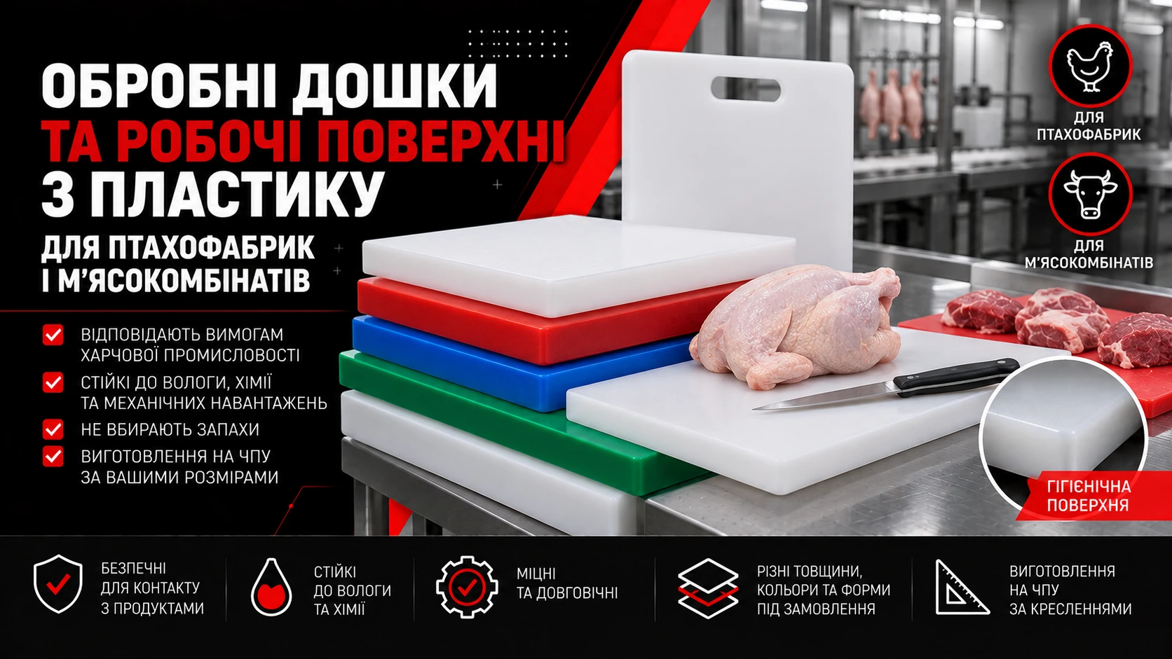 Пластикові обробні дошки й робоча поверхня для птахофабрики та м’ясокомбінату.