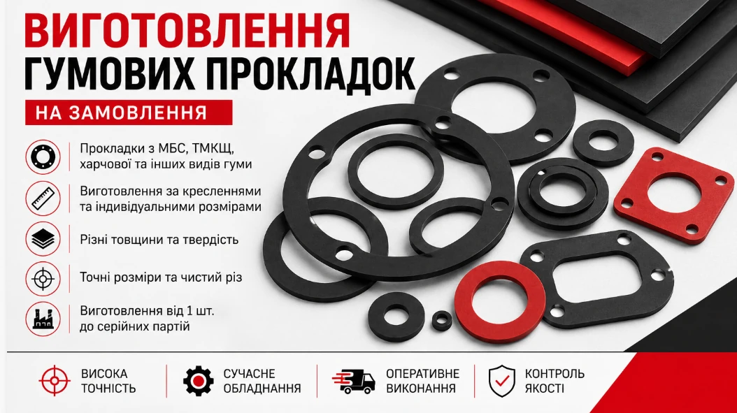 Гумові прокладки на замовлення: чорні й червоні кільця, фланцеві ущільнення та листові техпластини.