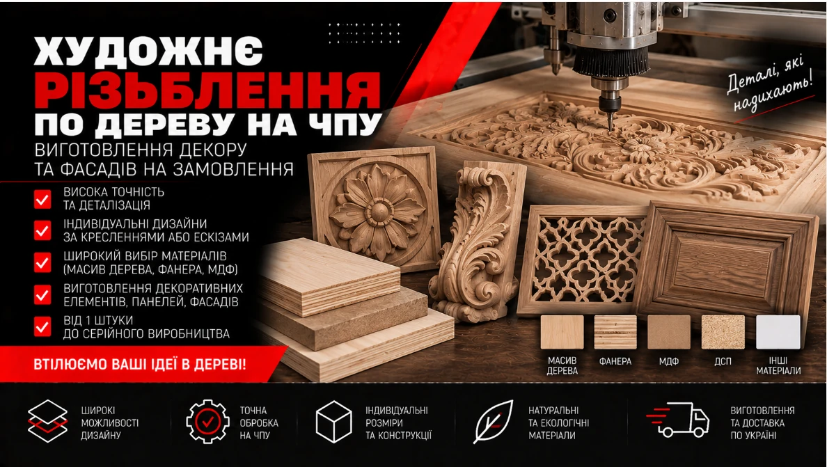 Художнє різьблення деревини на ЧПУ: орнаментальні фасади, рельєфні панелі й декоративні накладки.