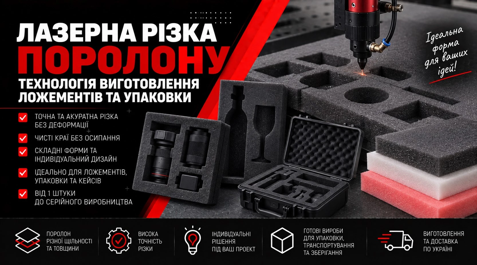 Чорні поролонові ложементи з комірками для інструментів, приладів і пакування деталей.