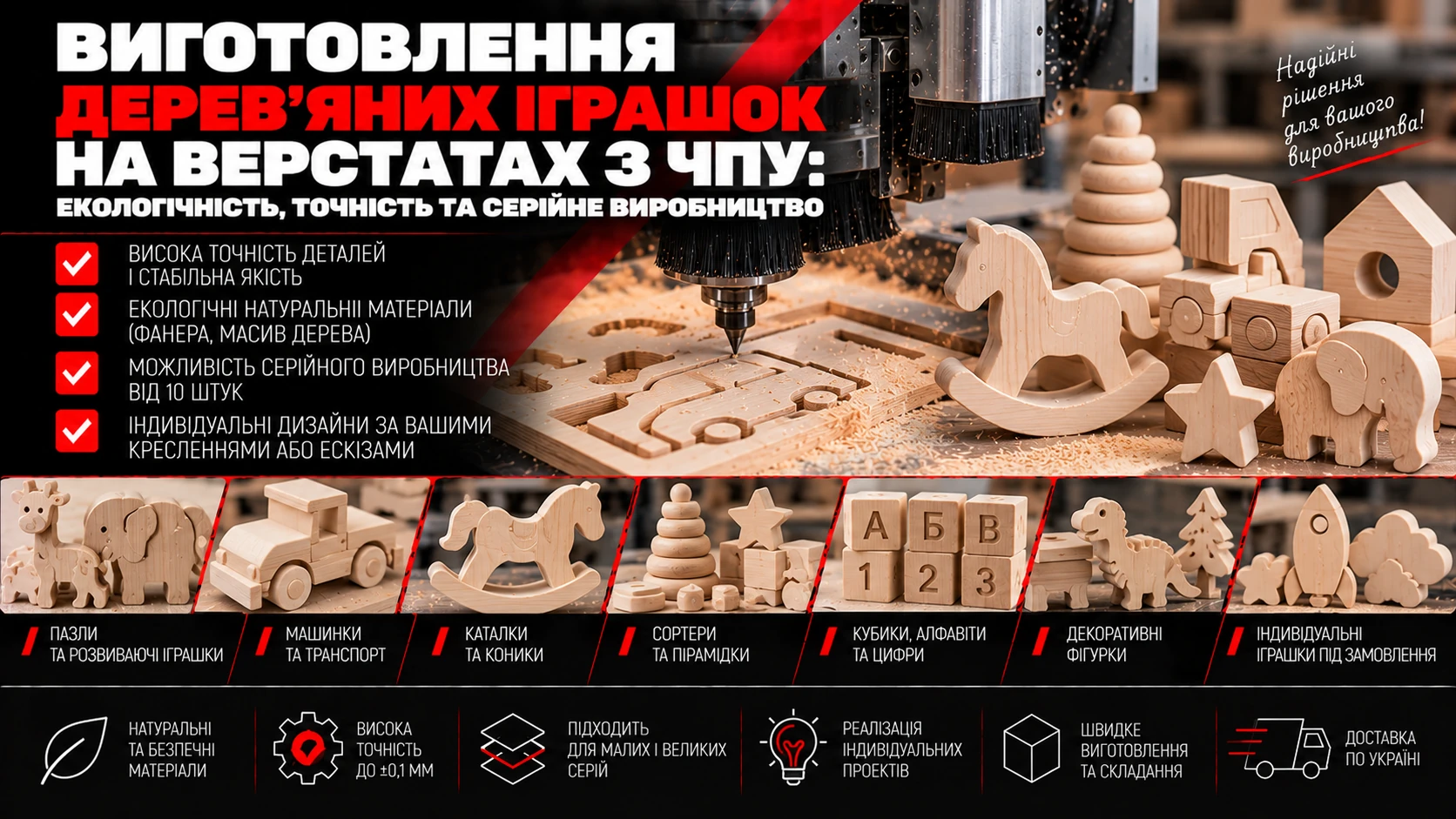 Дерев’яні іграшки на замовлення: машинки, пірамідка, фігурки тварин, кубики та сортери.