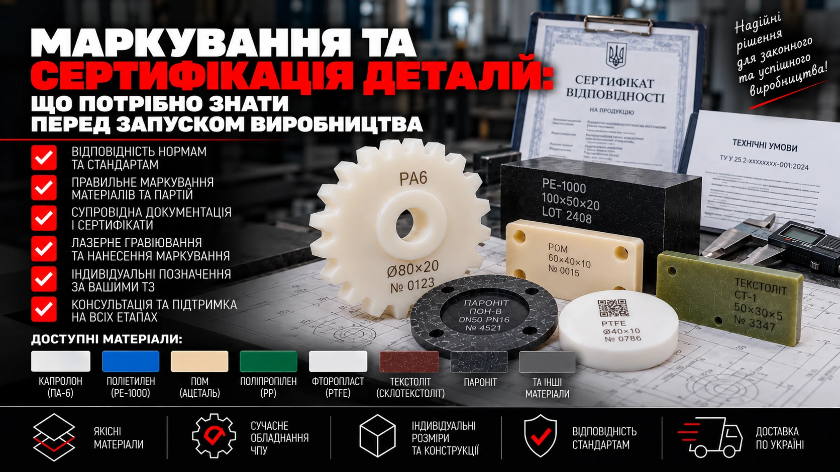 Ілюстрація маркування й сертифікації деталей: підписані зразки матеріалів, технічні документи та сертифікат.