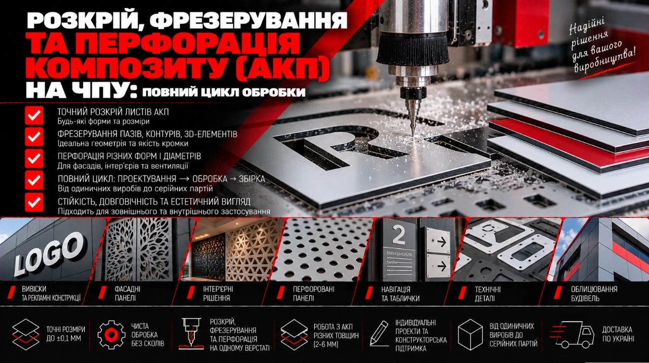 Розкрій, фрезерування та перфорація алюмінієвих композитних панелей для вивісок і технічних деталей.