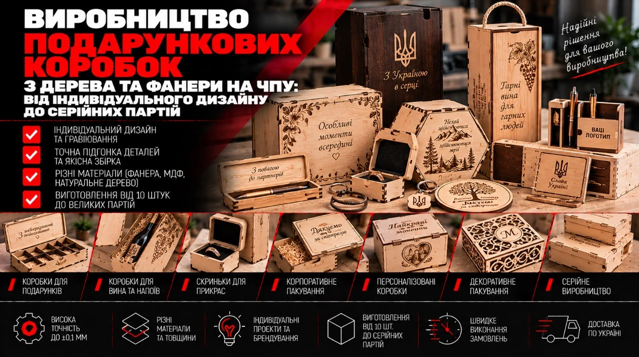 Подарункові коробки з дерева та фанери з різьбленими кришками, ручками й персональним гравіюванням.
