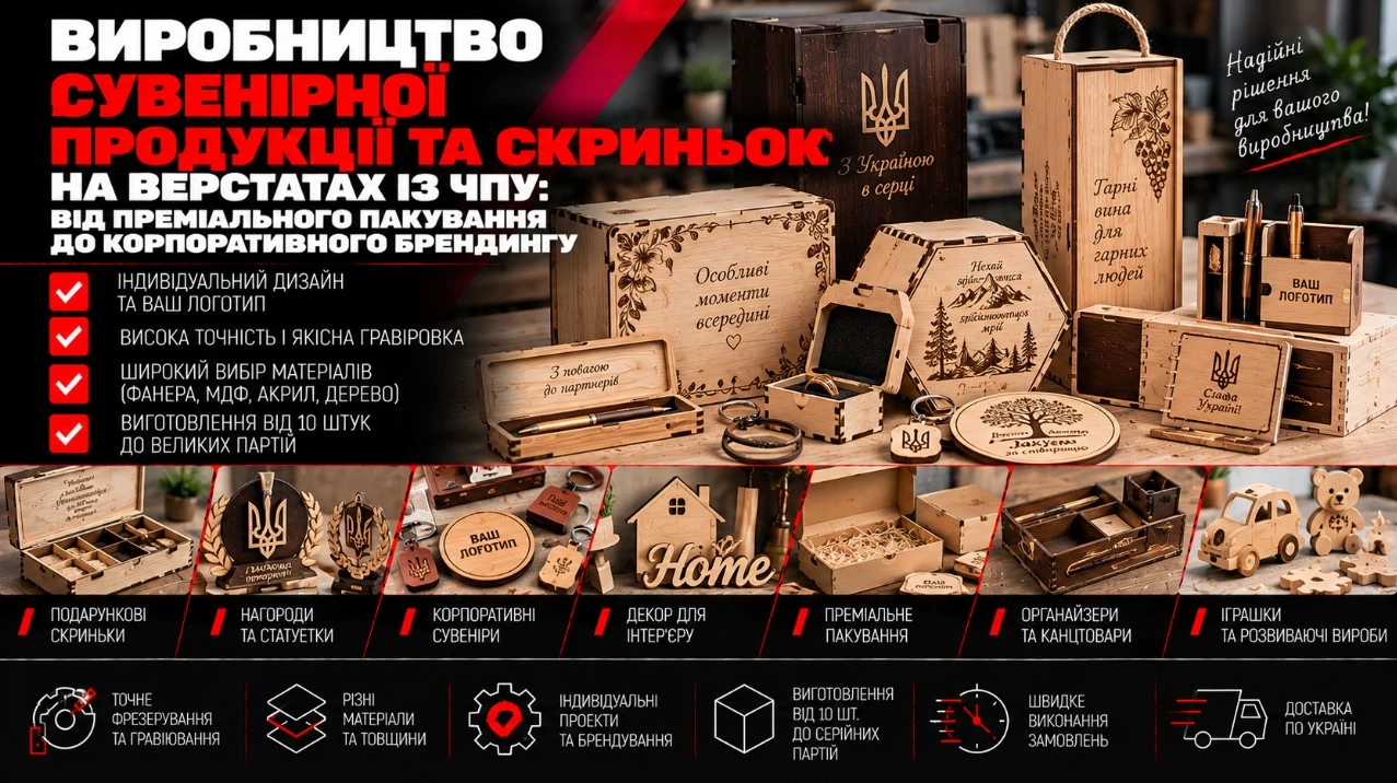 Сувенірні скриньки, подарункова упаковка, таблички й декоративні вироби з дерева та фанери.