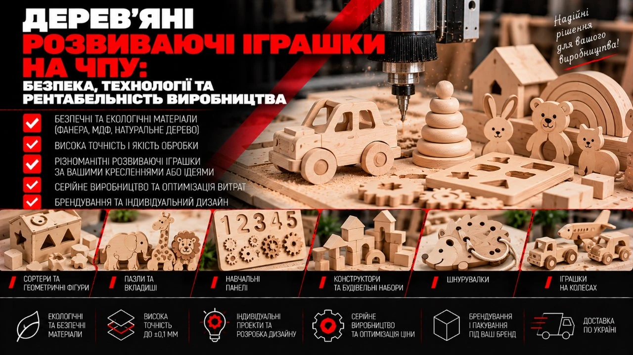 Дерев’яні розвивальні іграшки: пазли, сортери, машинка, пірамідка та навчальні панелі.