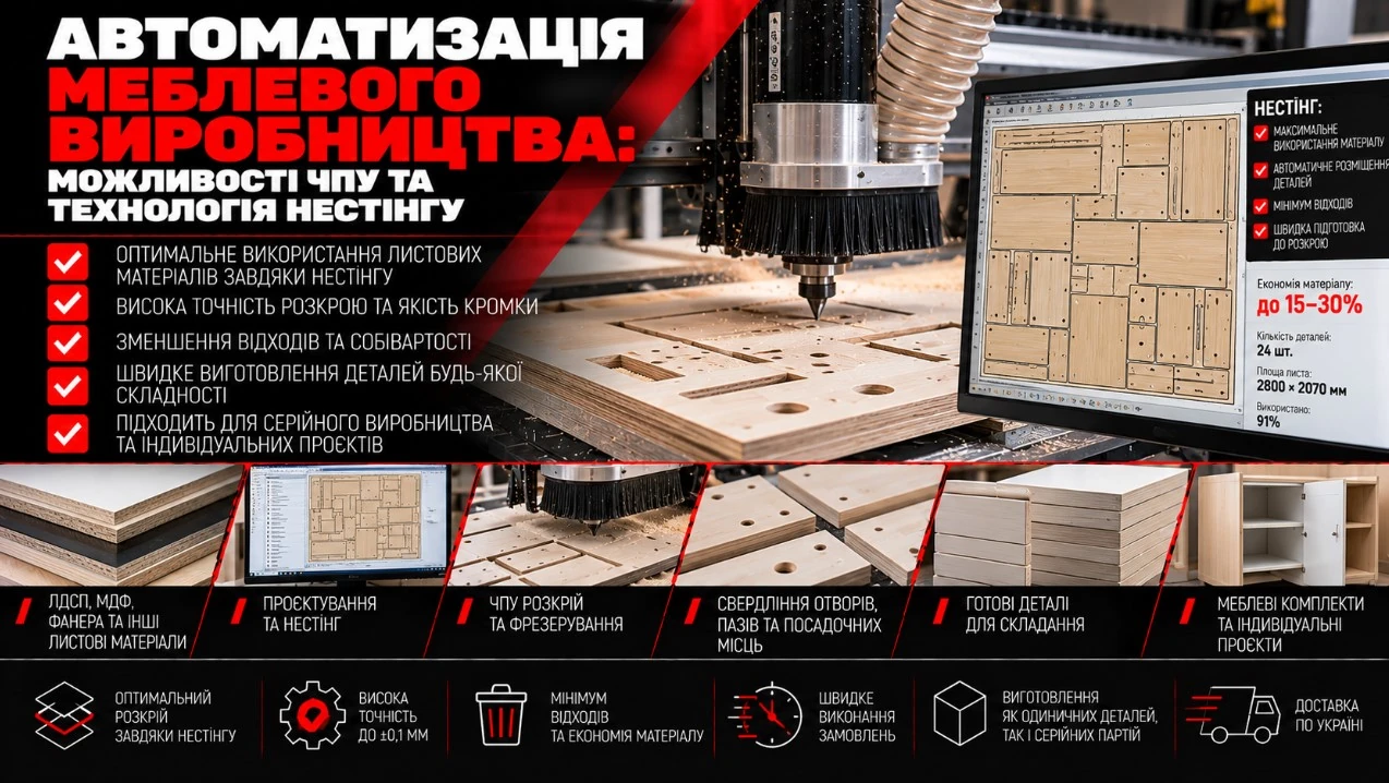 Розкрій меблевих деталей на ЧПУ з картою нестінгу на моніторі та стопками листових заготовок.