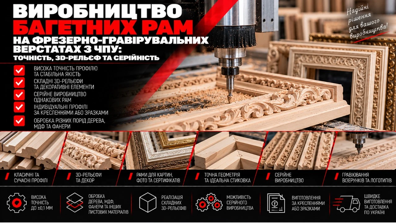 Фрезерування орнаменту багетної рами та приклади різьблених дерев’яних рам для картин і дзеркал.