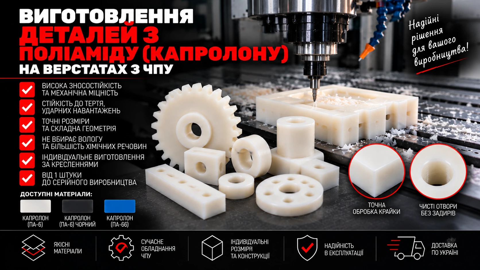 Деталі з поліаміду й капролону: білі втулки, шайби, шестерні, пластини та напрямні.
