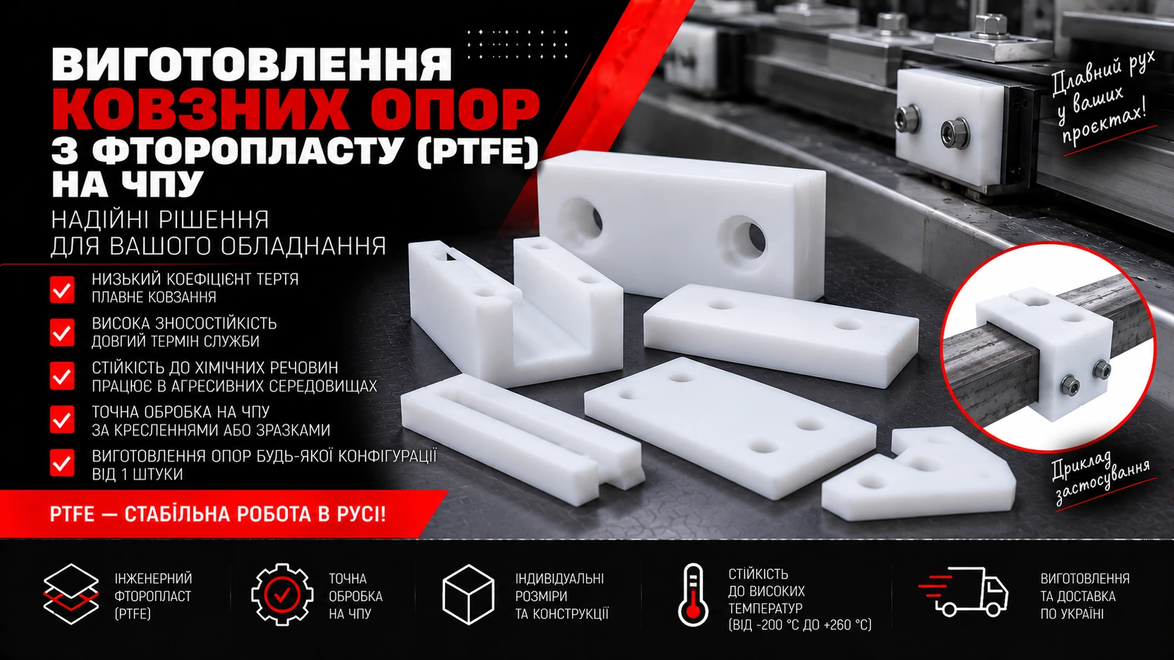 Білі ковзні опори з фторопласту PTFE з отворами й пазами поруч із лінійною напрямною.
