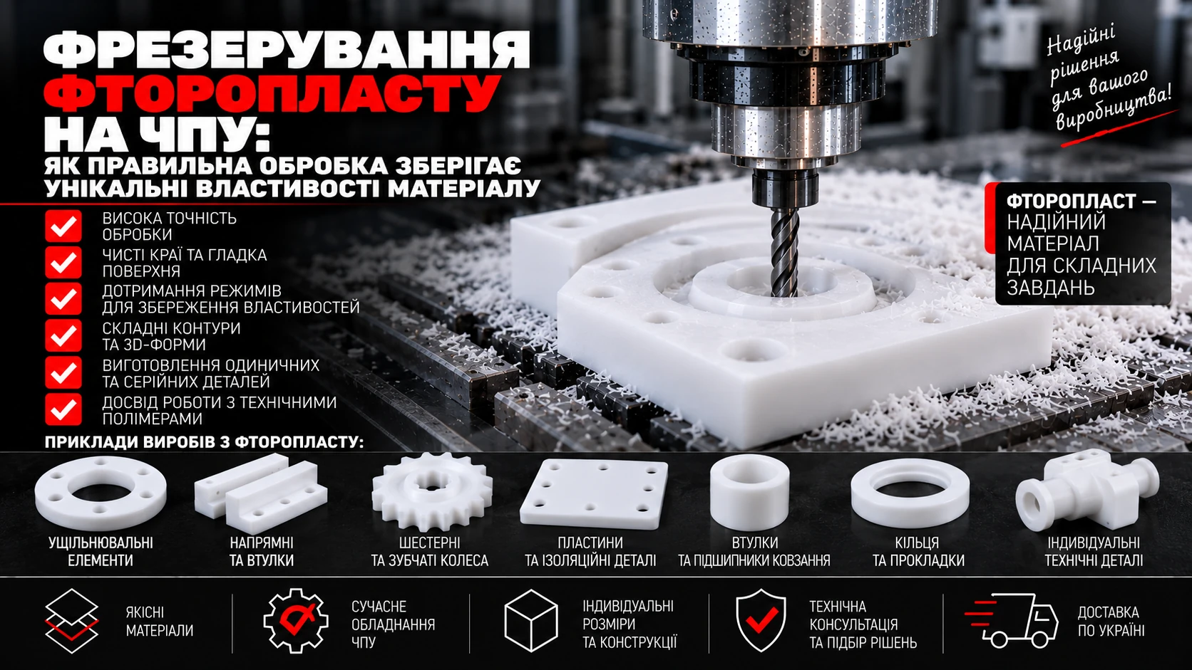 Фрезерування білої фторопластової заготовки та приклади втулок, кілець, пластин і шестерень.
