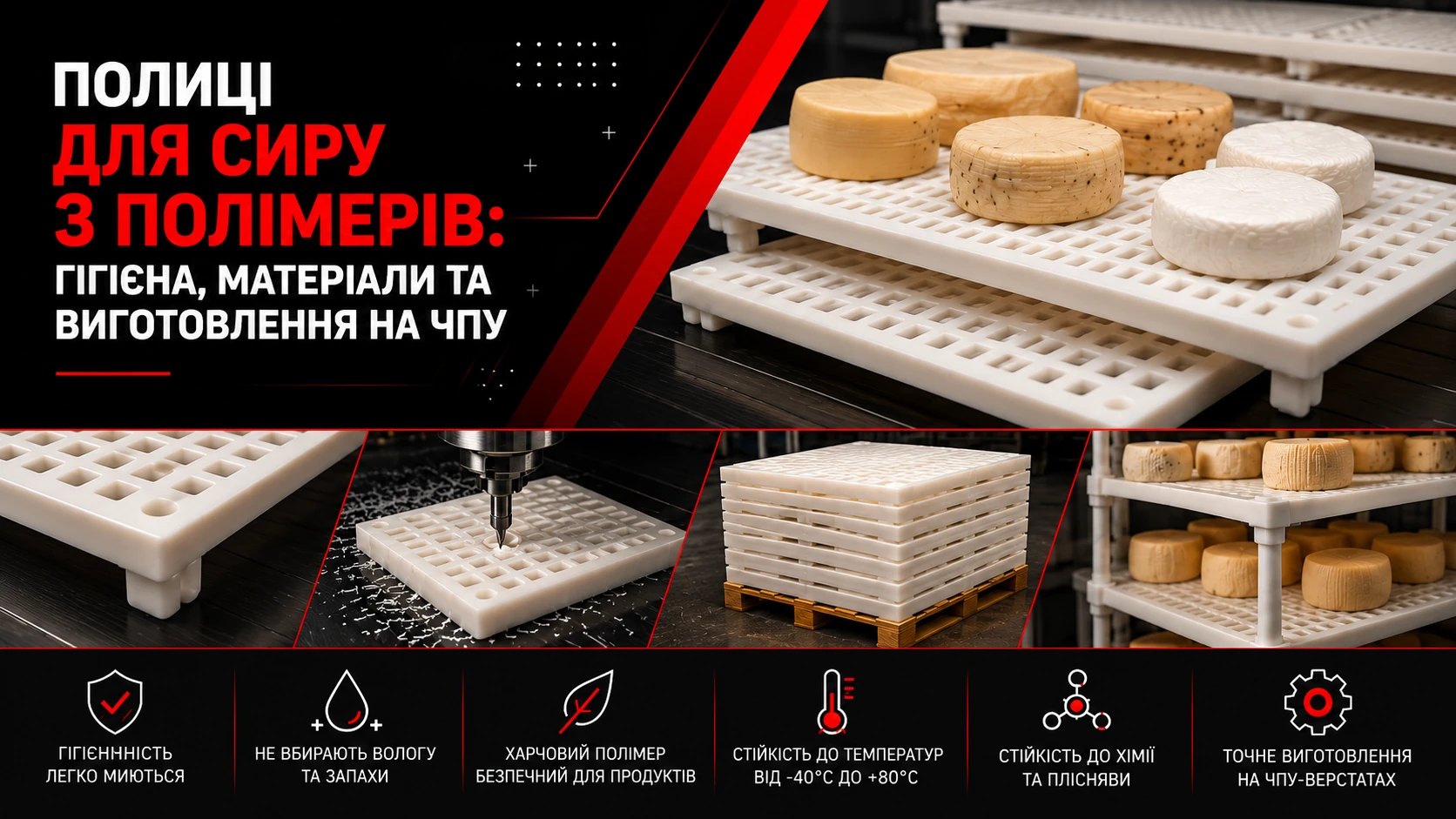 Полімерні полиці з отворами й пазами на стелажі з головками сиру.
